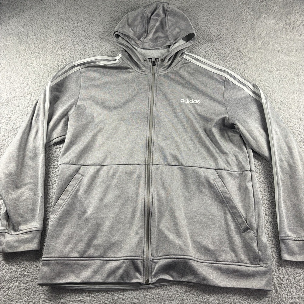 Adidas Full Zip Track Jacket Mens XL Gray Stripe Hooded Nylon Lightweight